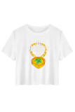 White Blue Casual Four Leaf Clover Contrast O Neck T-Shirts