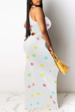 White Casual Polka Dot Print Contrast O Neck Printed Dresses