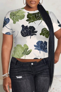 Cream White Casual Camouflage Print Flowers O Neck T-Shirts
