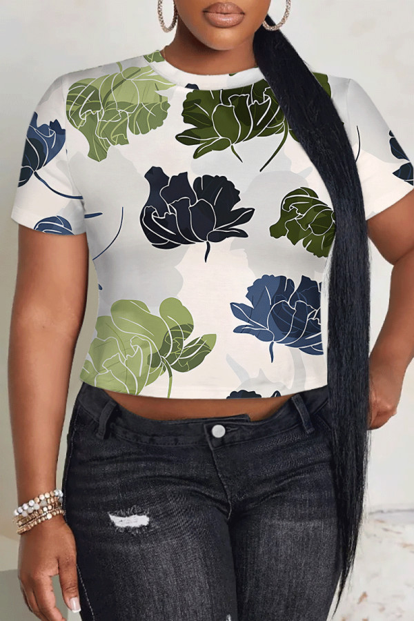 Cream White Casual Camouflage Print Flowers O Neck T-Shirts
