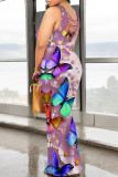 Cream White Casual Floral Print Butterfly Contrast O Neck Printed Dresses
