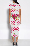 Rose Red Casual Colorblock Flowers Print Contrast O Neck Printed Dresses