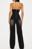 Black Casual Solid Color Patchwork Halter Jumpsuits