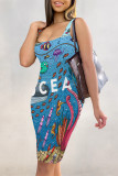 Black Sexy Graffiti Print Contrast U Neck Printed Dresses