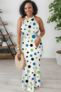 Blue White Casual Polka Dot Print Contrast O Neck Printed Dresses