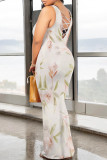 Cream White Casual Floral Print Butterfly Contrast O Neck Printed Dresses