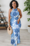 Turquoise Elegant Floral Print O Neck Long Dresses
