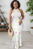 White Casual Polka Dot Print Contrast O Neck Printed Dresses