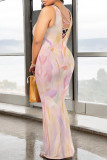 Cream White Casual Floral Print Butterfly Contrast O Neck Printed Dresses