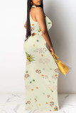 Turquoise Elegant Floral Print O Neck Long Dresses