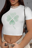 White Blue Casual Four Leaf Clover Contrast O Neck T-Shirts