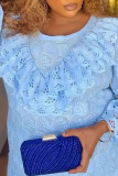Blue Elegant Solid Color Lace O Neck Long Plus Size Dresses