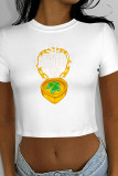 White Blue Casual Four Leaf Clover Contrast O Neck T-Shirts