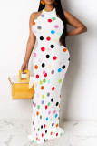 White Casual Polka Dot Print Contrast O Neck Printed Dresses