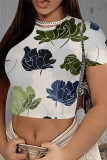 Gray White Casual Camouflage Print Flowers O Neck T-Shirts
