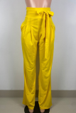 Yellow Casual Solid Color Pocket Strap Design Zipper Loose Patchwork Bottoms