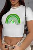 White Blue Casual Four Leaf Clover Contrast O Neck T-Shirts