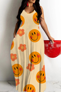 Shallow Yellow Sexy Graffiti Print Pocket Contrast O Neck Printed Dresses