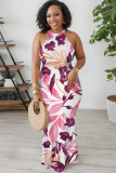 Turquoise Elegant Floral Print O Neck Long Dresses