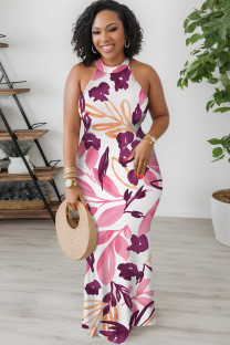 White Pink Elegant Floral Print O Neck Long Dresses