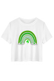 White Blue Casual Four Leaf Clover Contrast O Neck T-Shirts