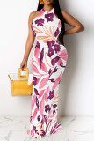 Turquoise Elegant Floral Print O Neck Long Dresses