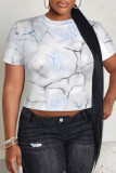 Gray White Casual Camouflage Print Flowers O Neck T-Shirts