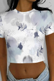 Gray White Casual Camouflage Print Flowers O Neck T-Shirts