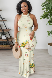 Apricot Elegant Floral Print O Neck Long Dresses