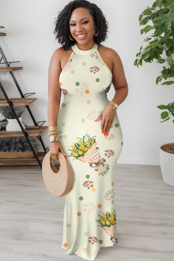 Apricot Elegant Floral Print O Neck Long Dresses