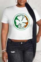 White Orange Casual Four Leaf Clover Contrast O Neck T-Shirts