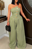 Army Green Casual Solid Color Buckle Strapless Loose Jumpsuits