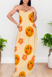 Fluorescent Green Sexy Graffiti Print Pocket Contrast O Neck Printed Dresses