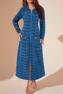 Blue Casual Print Pocket Slit Zipper Turndown Collar Long Sleeve Bodycon Denim Jacket