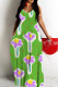 Green Sexy Graffiti Print Pocket Contrast O Neck Printed Dresses