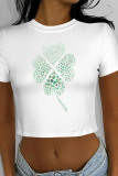 White Blue Casual Four Leaf Clover Contrast O Neck T-Shirts