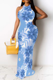 Turquoise Elegant Floral Print O Neck Long Dresses