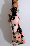 Navy Blue Sexy Geometric Print Flowers Contrast Off Shoulder Printed Dresses