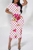 Rose Red Casual Colorblock Flowers Print Contrast O Neck Printed Dresses