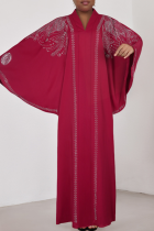 Red Casual Solid Color Hot Drill V Neck Long Dresses