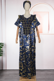 Deep Blue Elegant Print Patchwork Asymmetrical Collar Long Dresses