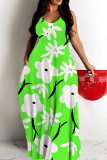 Fluorescent Green Sexy Graffiti Print Pocket Contrast O Neck Printed Dresses