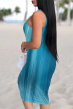 Blue Sexy Striped Print Contrast U Neck Printed Dresses