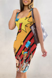 Black Sexy Graffiti Print Contrast U Neck Printed Dresses