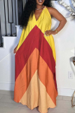 Yellow Red Casual Slit V Neck Long Dresses
