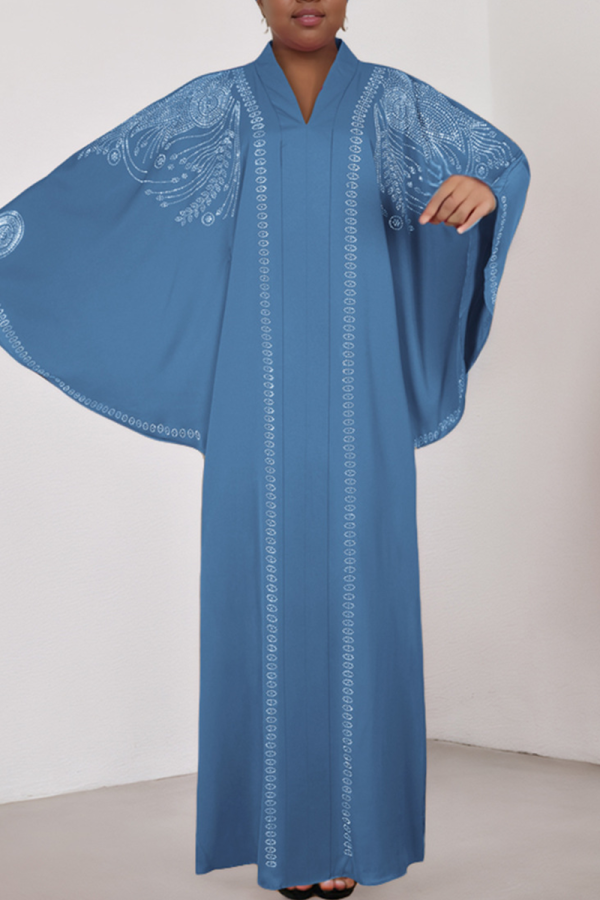 Baby Blue Casual Solid Color Hot Drill V Neck Long Dresses