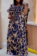 Deep Blue Elegant Print Patchwork Asymmetrical Collar Long Dresses