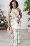 Turquoise Elegant Floral Print O Neck Long Dresses