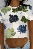 Gray White Casual Camouflage Print Flowers O Neck T-Shirts