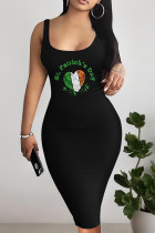 Orange Green Sexy Colorblock Letter Print U Neck Wrapped Skirt Dresses